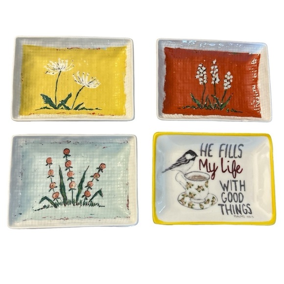 Creative Co-op Set of 4 Stoneware Botanical Bible Verse Small Trinket Dishes - Picture 1 of 7